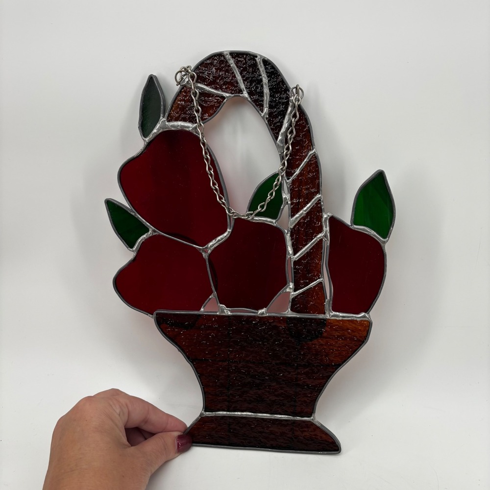 Vintage Stained Glass Apple Basket Suncatcher Red Green Amber Window Hanging